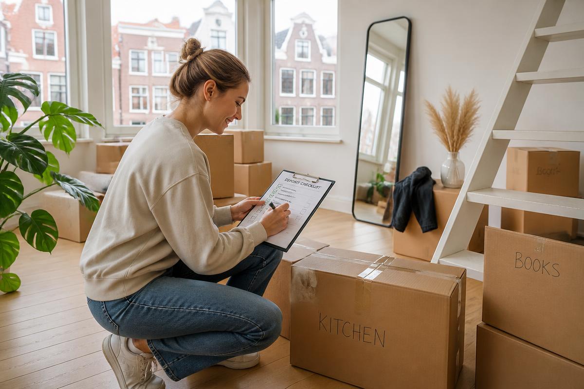Renter with moving boxes checking a checkout list to get her deposit back