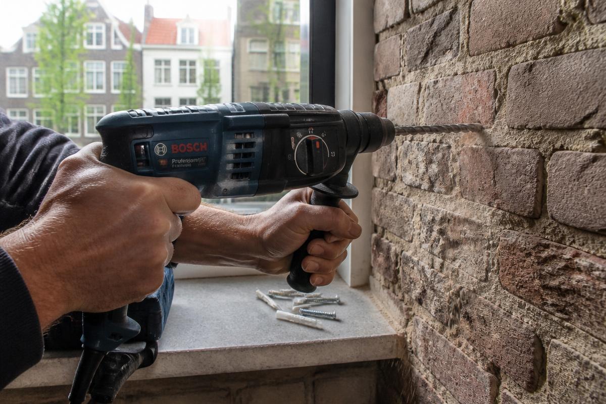 Hammer drill boring into an old Amsterdam brick wall with wall plugs and screws on the windowsill