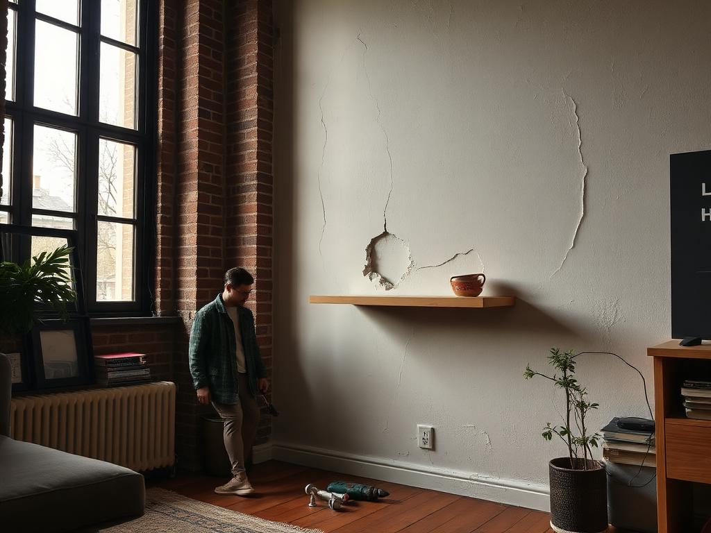 Frustrated renter in an Amsterdam apartment looking at a sagging shelf on a crumbly wall
