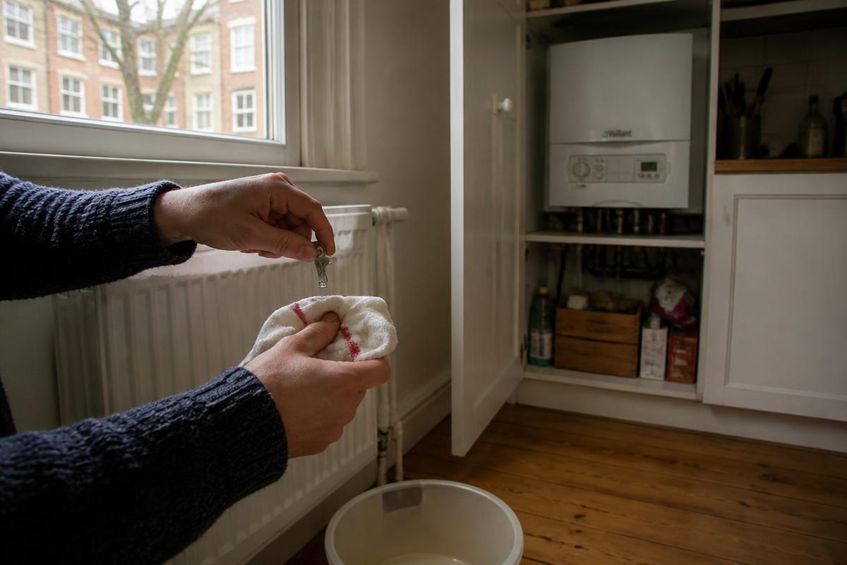 Hands bleeding a radiator with a radiator key next to a gas combi boiler in an Amsterdam apartment