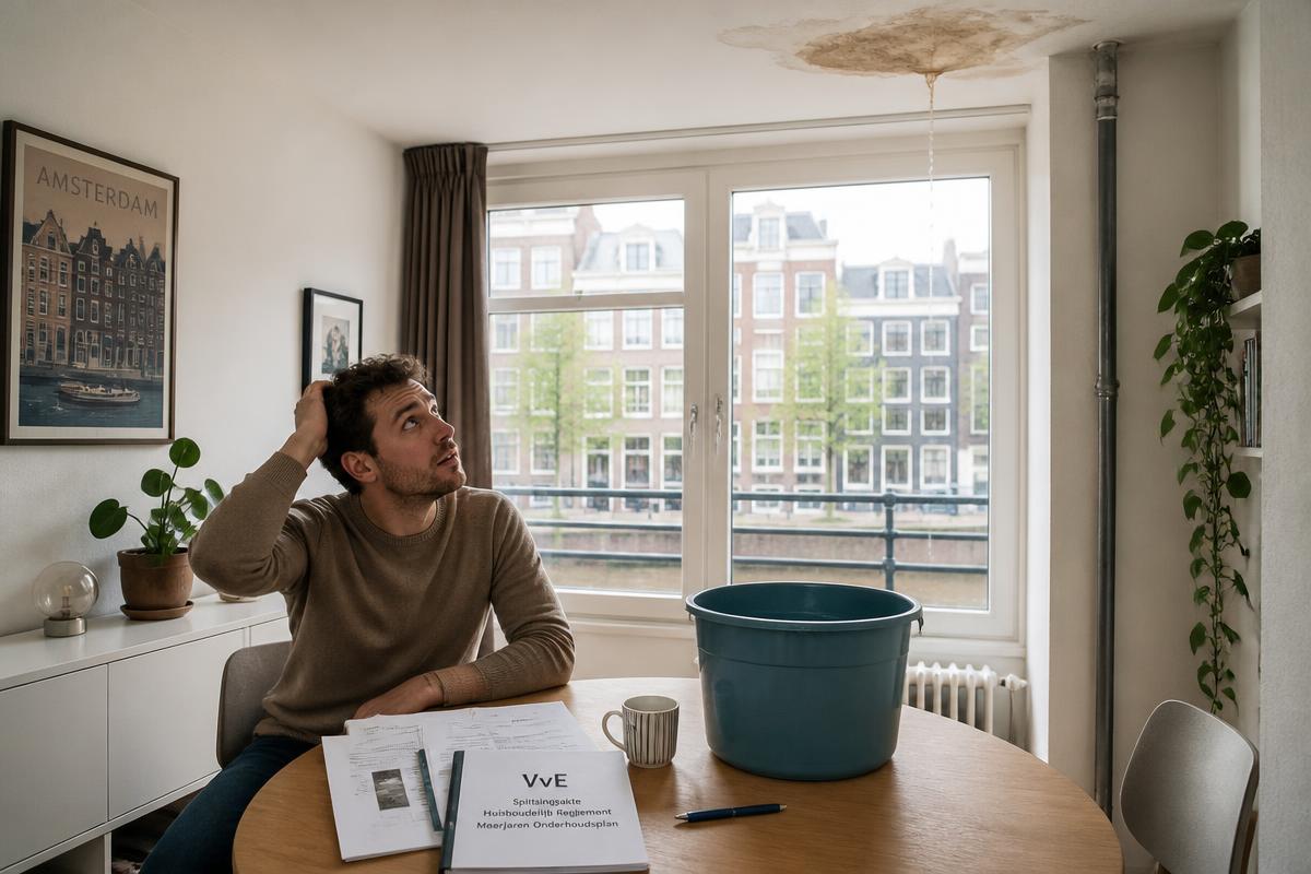 Worried renter in an Amsterdam apartment looking at a ceiling leak with VvE paperwork on the table