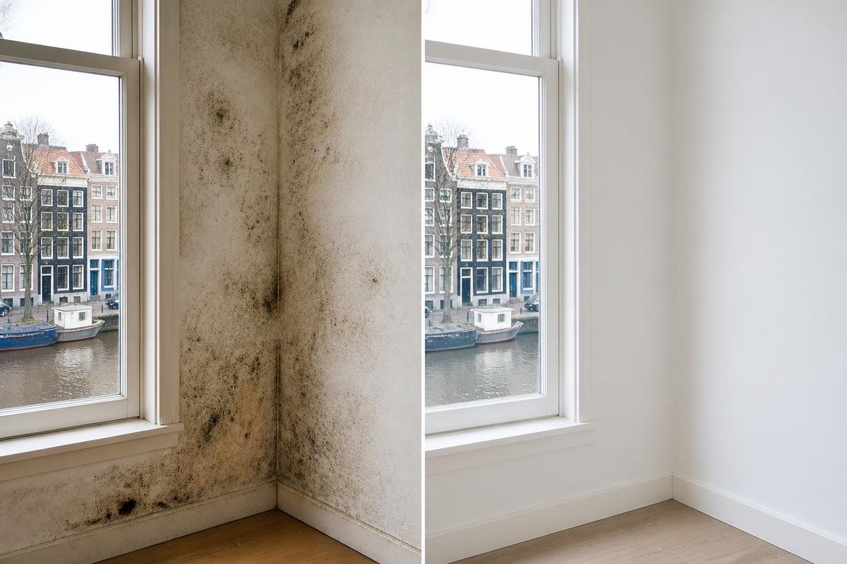 Mold spots on a damp Amsterdam apartment wall next to a window being opened