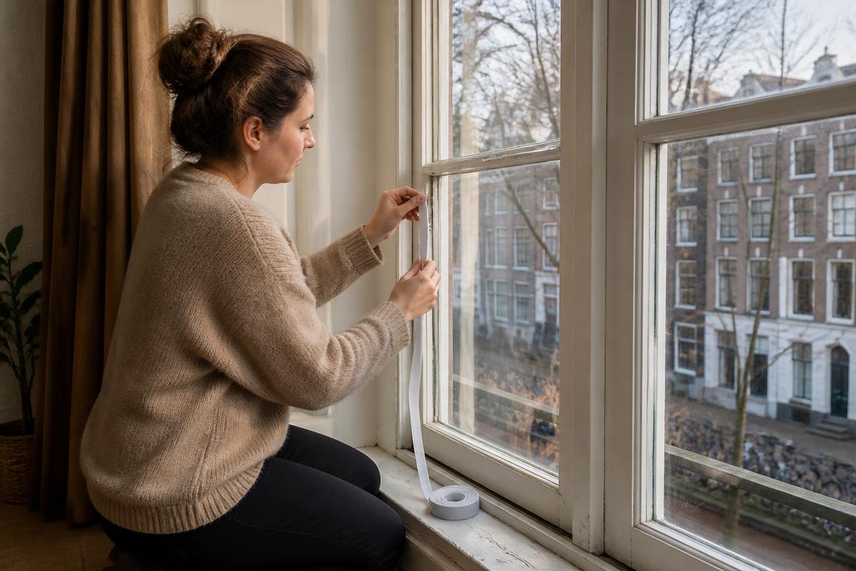 Renter applying draft sealing strip to an old Amsterdam sash window on a cold winter day