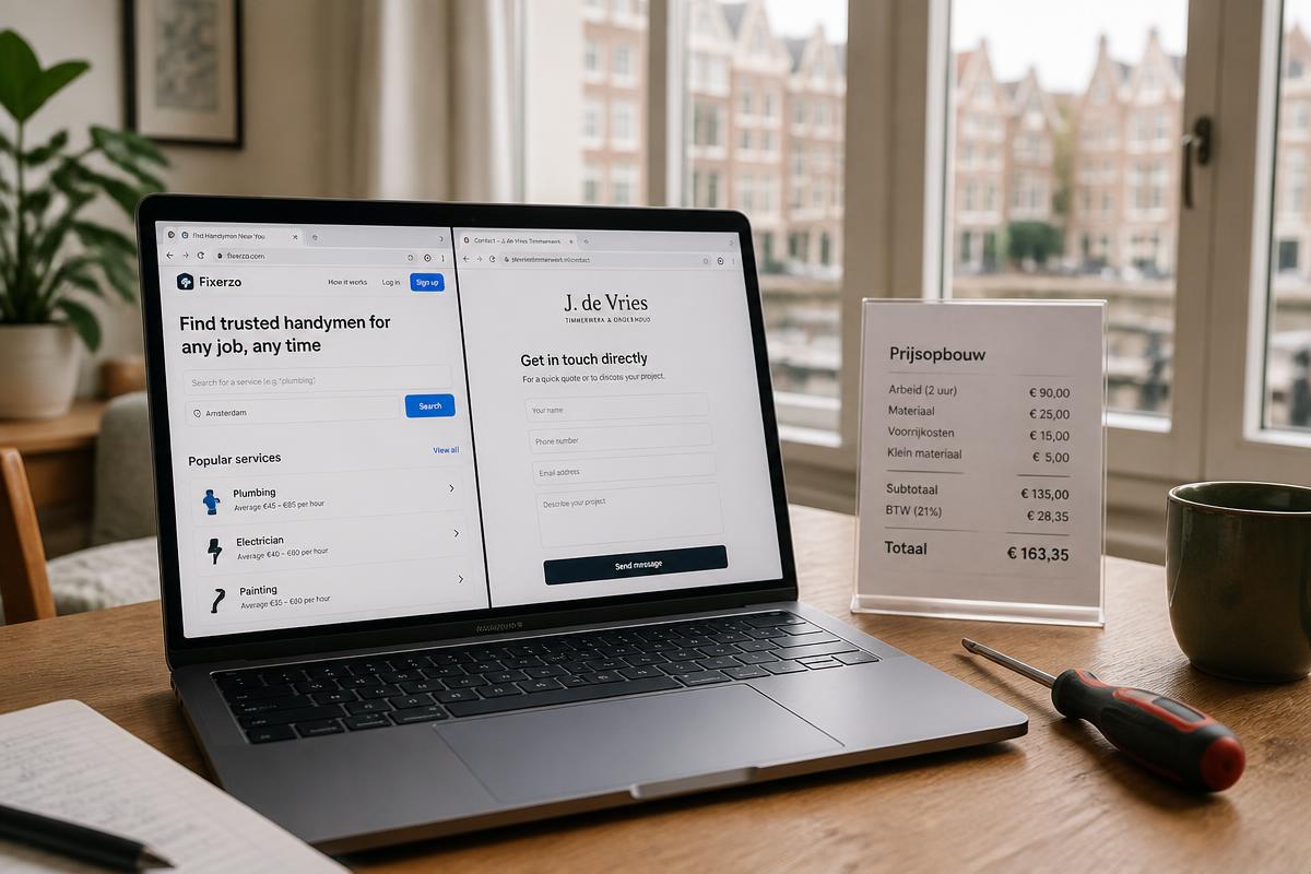 Laptop showing a handyman platform next to a direct-contact quote page on an Amsterdam apartment table