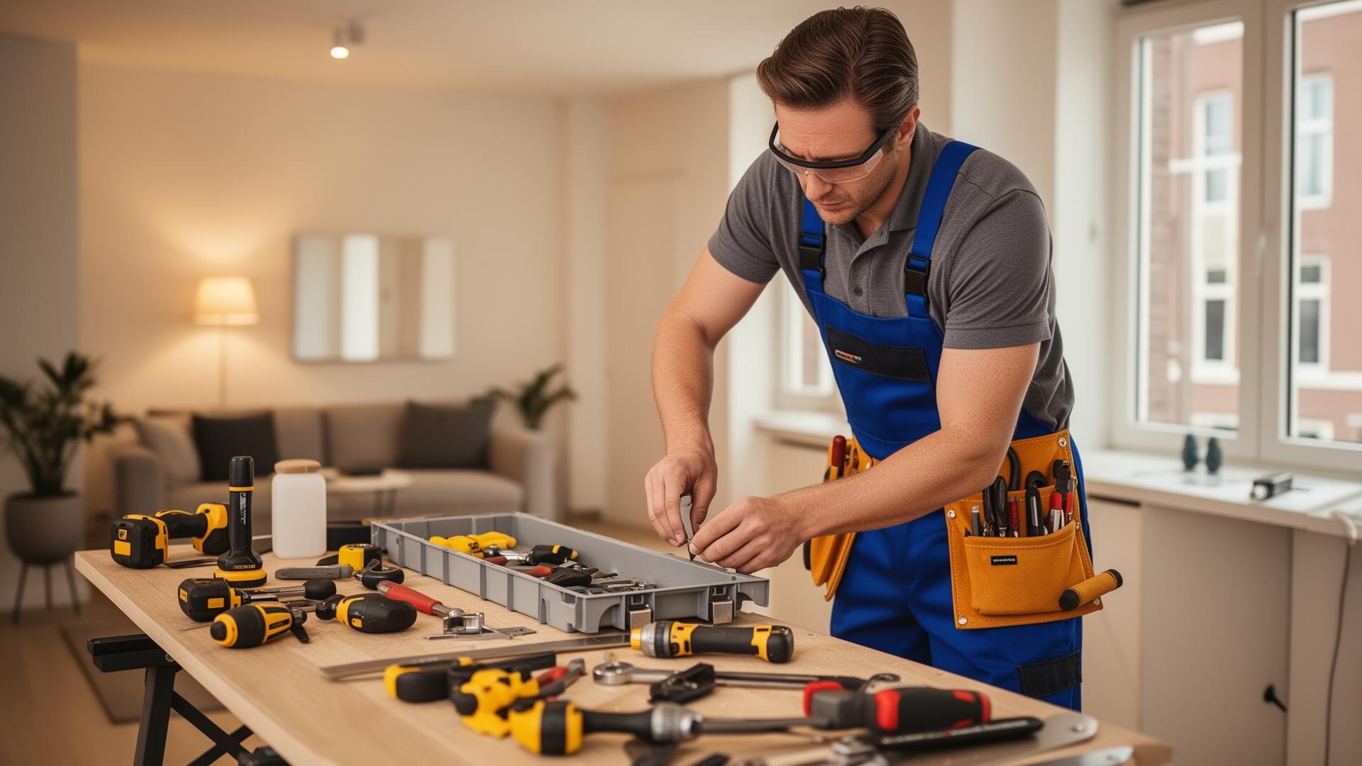 Handyman tools laid out during a home repair job in an Amsterdam apartment