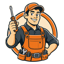 Tom's Klussen logo — cartoon handyman in overalls holding a screwdriver, English-speaking handyman in Amsterdam